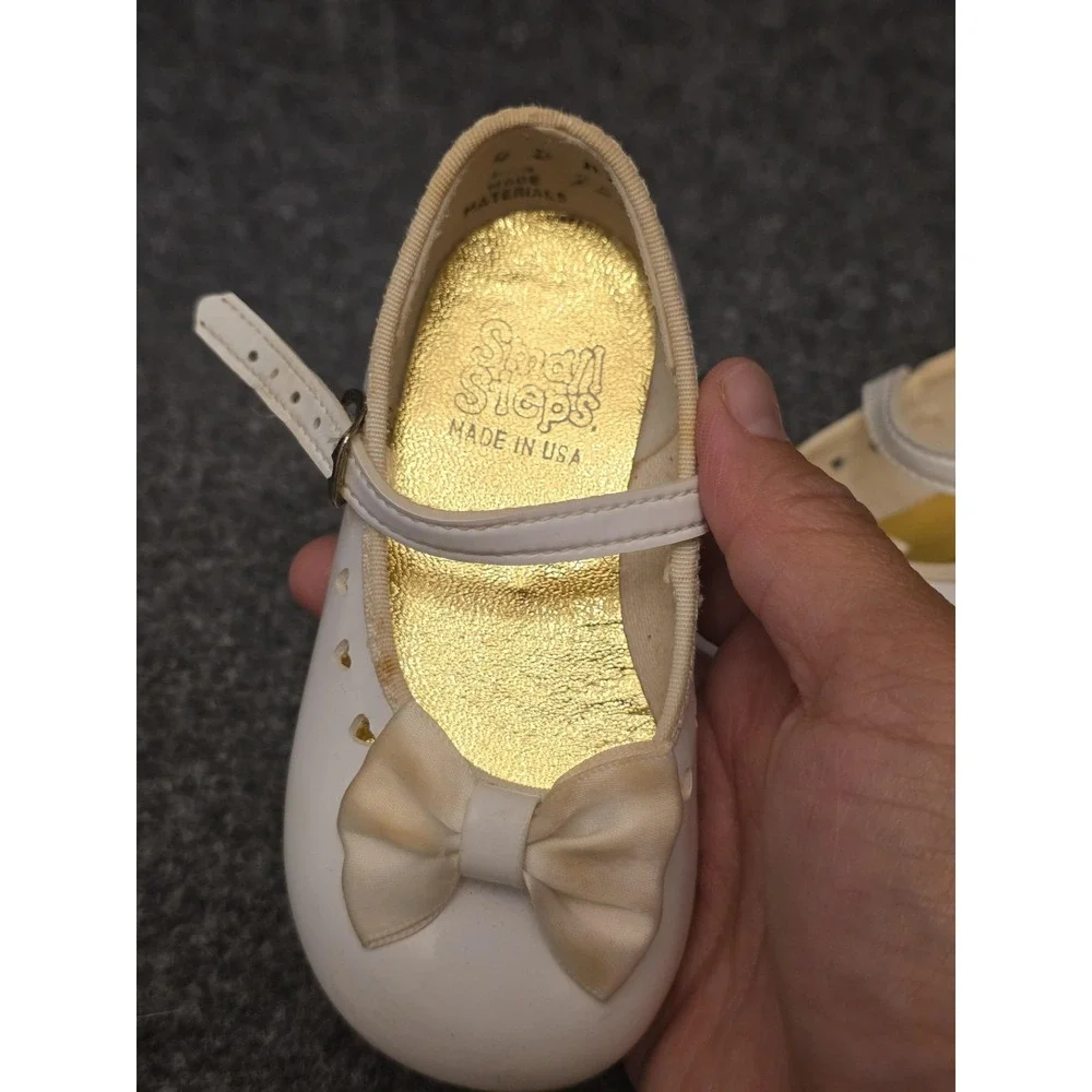 Vtg Small Steps Shoes Girls Size 4 White Mary Jane Bow Dress Formal Wedding USA‎